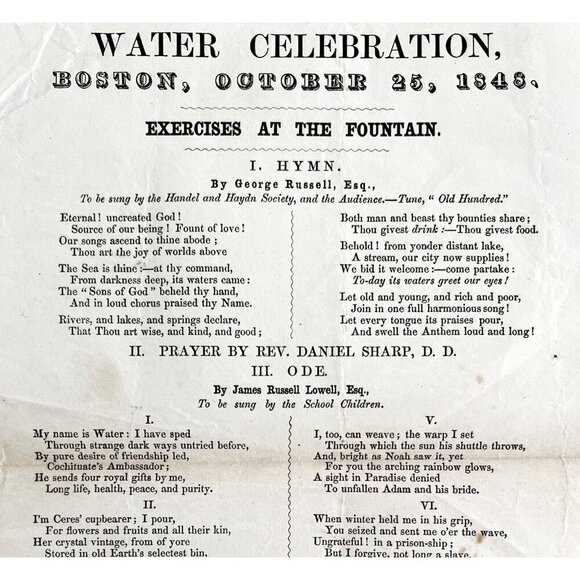 1848 Water Celebration Hymn Victorian Program Boston Nathan Hale RARE DWDD17 - Picture 1 of 2